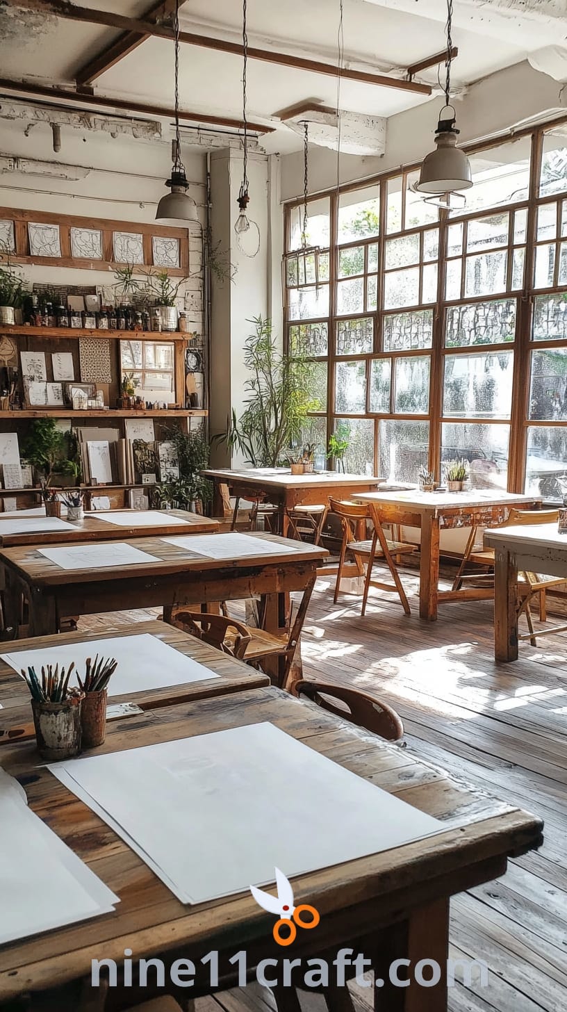 A vintage art studio with wooden tables, natural light streaming through large windows, and plants scattered around, creating a peaceful and inspiring atmosphere for creativity.