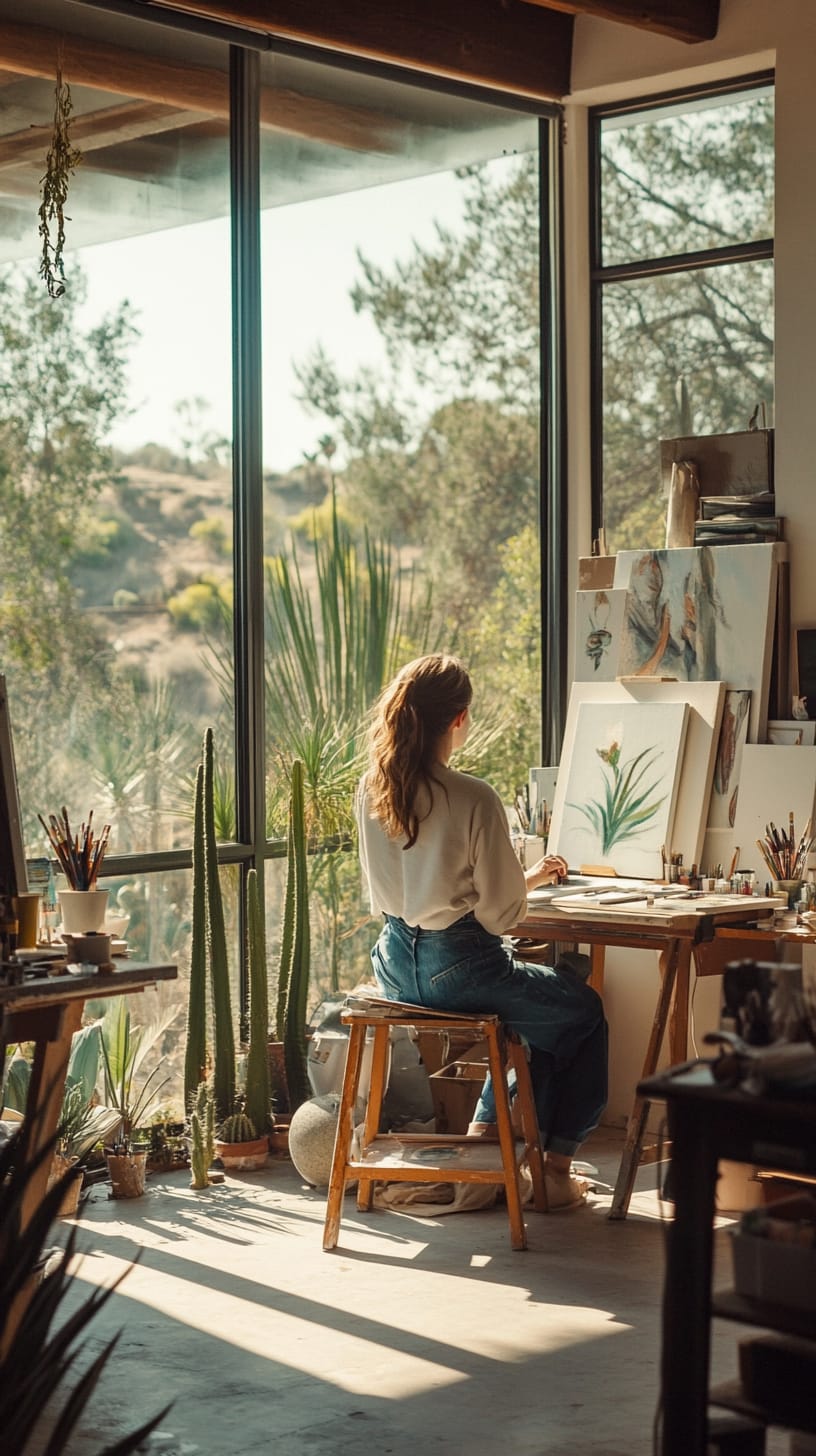 A woman sitting at a drawing table in an art studio with large windows overlooking the Arizona desert, painting with watercolors surrounded by plants and art supplies.