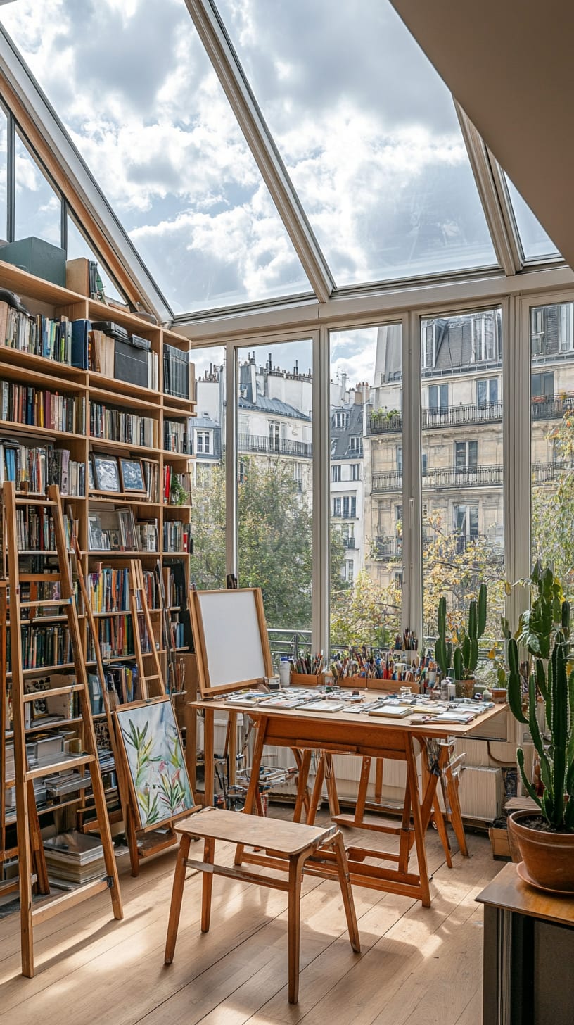 A bright and inviting art studio in Paris with large windows, wooden furniture, shelves filled with books, an easel, and cacti, showcasing the city view outside.
