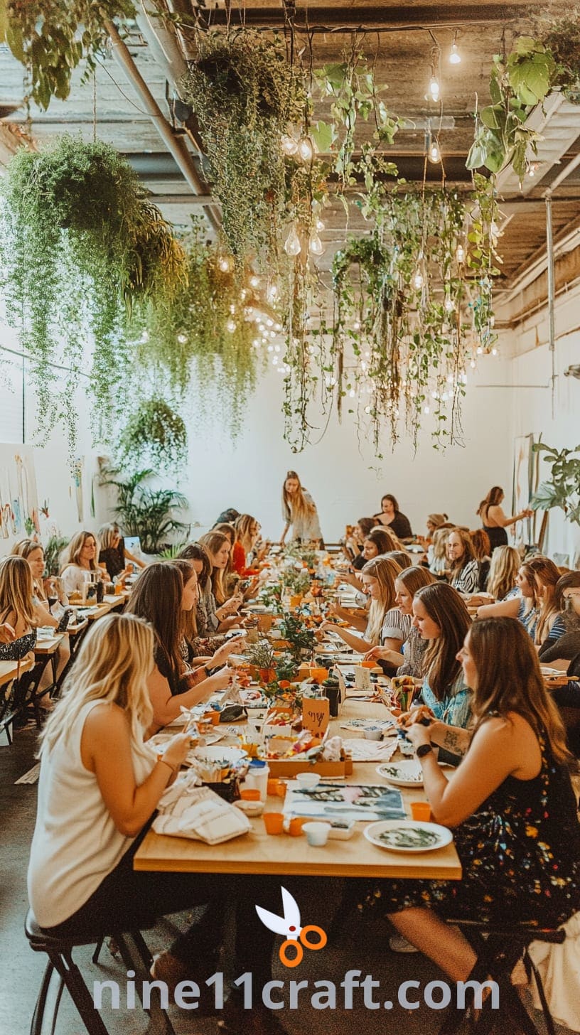 A lively scene of women gathered around long tables, creating art with paint and fabric in a bright, bohemian-inspired space filled with greenery and soft lighting.