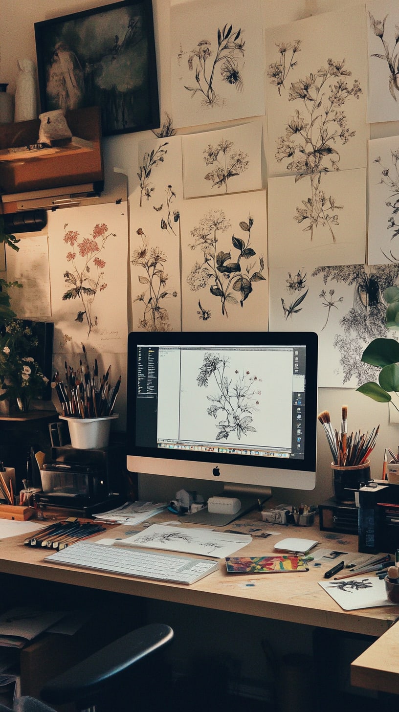 A cozy art studio featuring an iMac surrounded by sketches of flowers and botanicals, art supplies like pencils and brushes neatly organized, and walls adorned with intricate wildflower drawings.