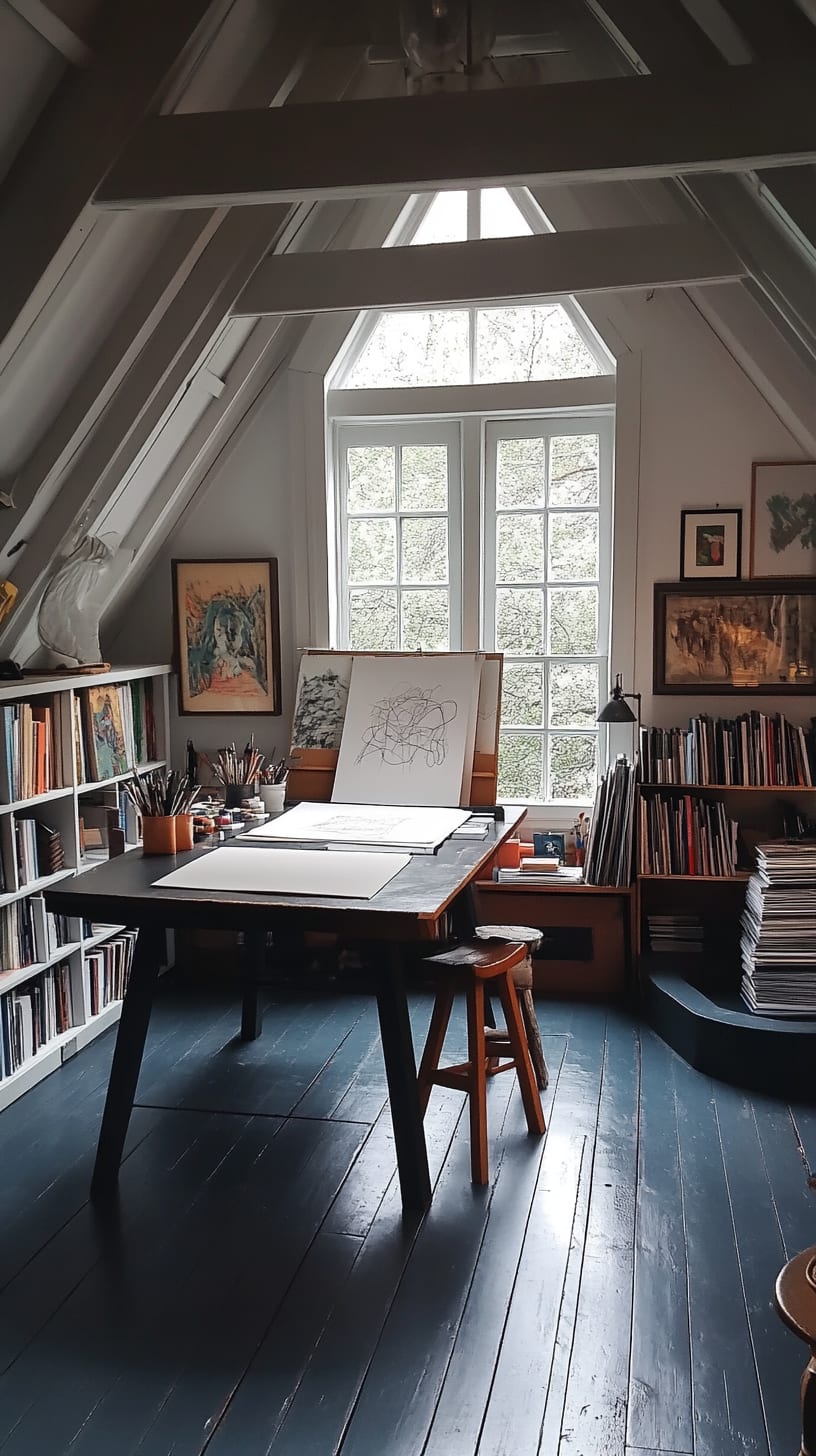 An attic art studio featuring navy blue painted wood floors, white walls, a large desk with a drawing board, and shelves filled with books and art supplies. Natural light filters in through a large window, creating a cozy and inviting atmosphere.