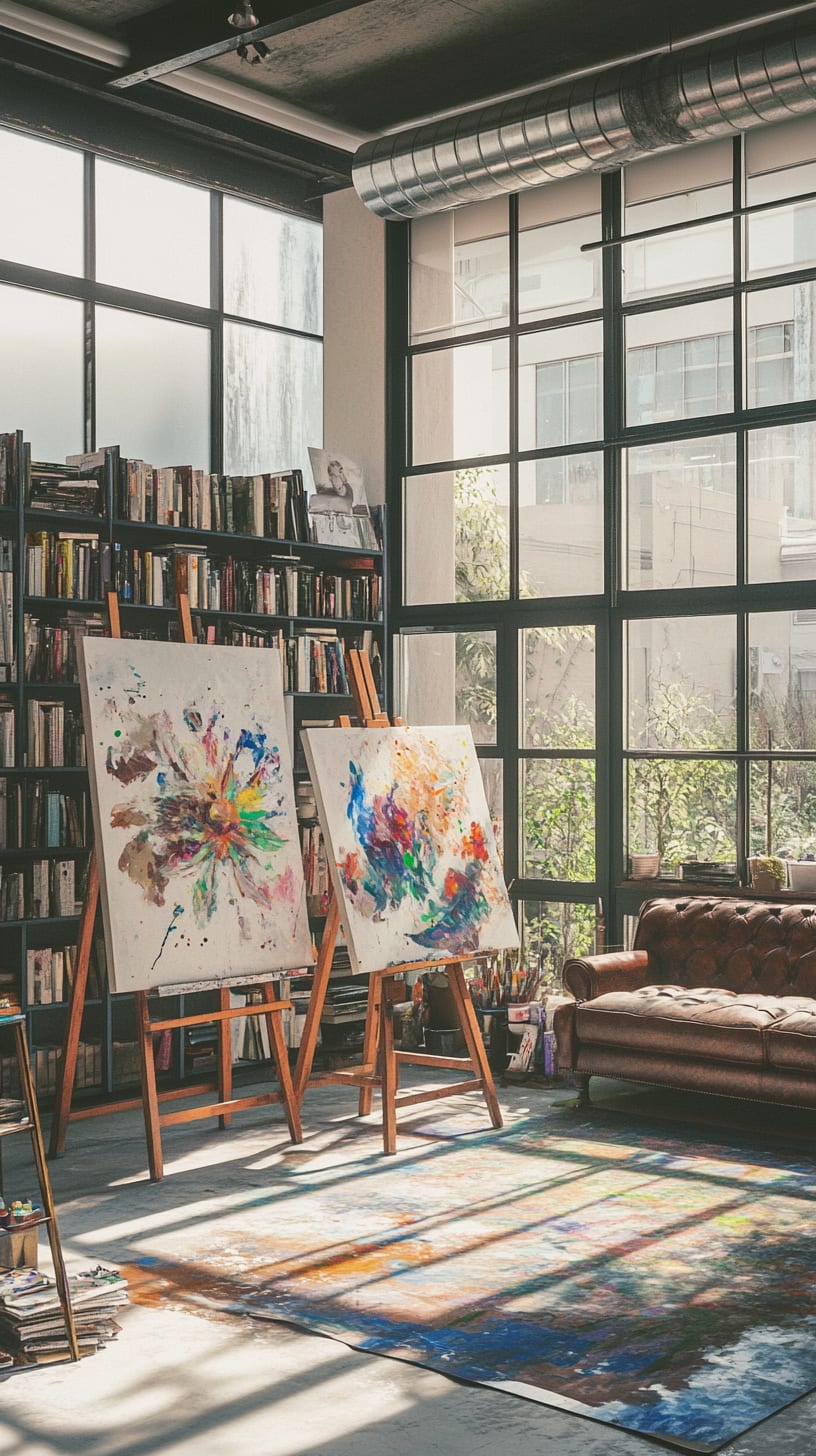 A spacious art studio featuring two easels with abstract paintings, an old leather sofa, and tall windows allowing natural light to flood the room, creating a warm and inviting atmosphere.