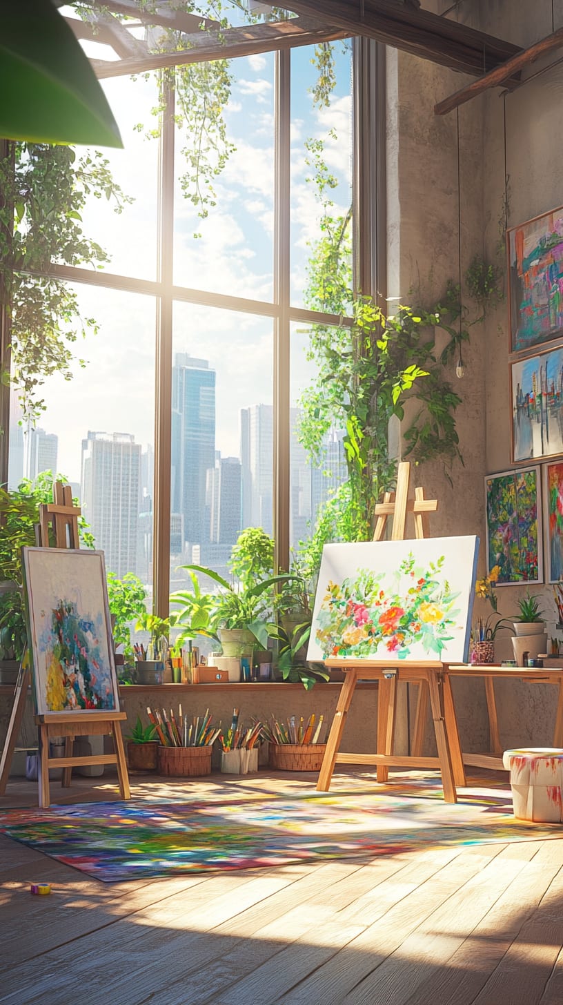 A sunlit art studio with large windows, colorful art supplies, and nature sketches, creating a vibrant and inspiring atmosphere for artists.