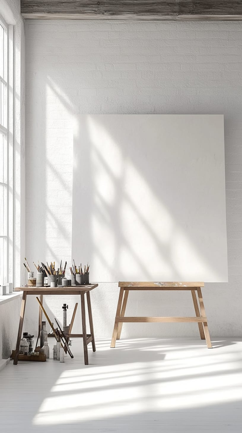 A bright, minimalist studio featuring a white canvas on an easel, surrounded by natural light and a wooden table with art supplies.