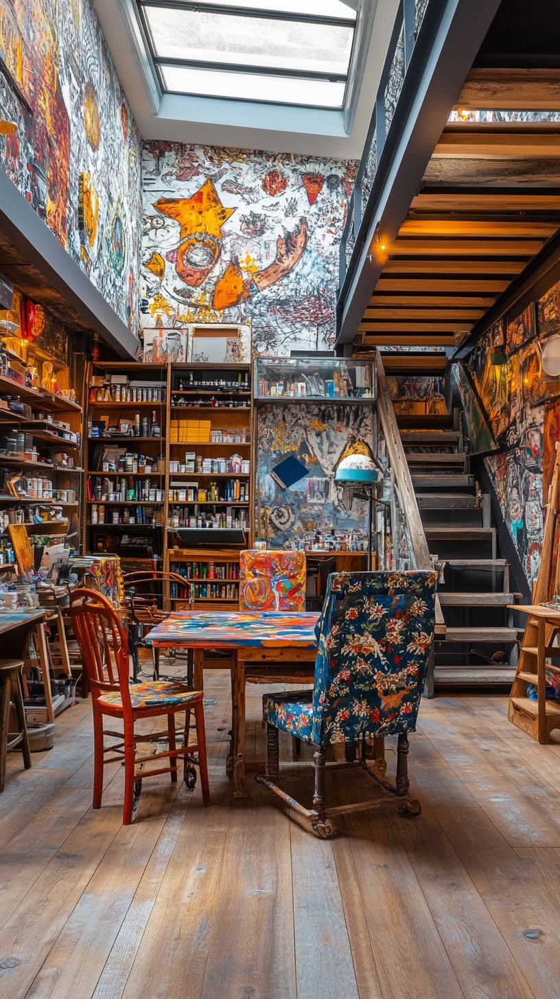 A cozy art studio featuring high ceilings, vibrant murals, a wooden table, and shelves filled with books and art supplies, illuminated by natural light from skylights.