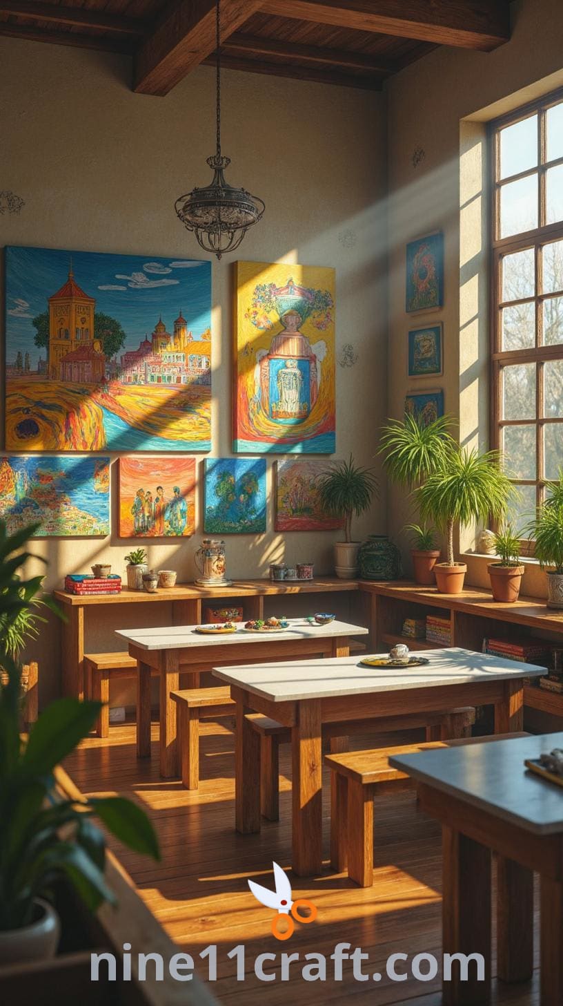 A bright and colorful art classroom filled with various artworks on the walls, white tables for creative activities, and ample natural light coming through the windows.
