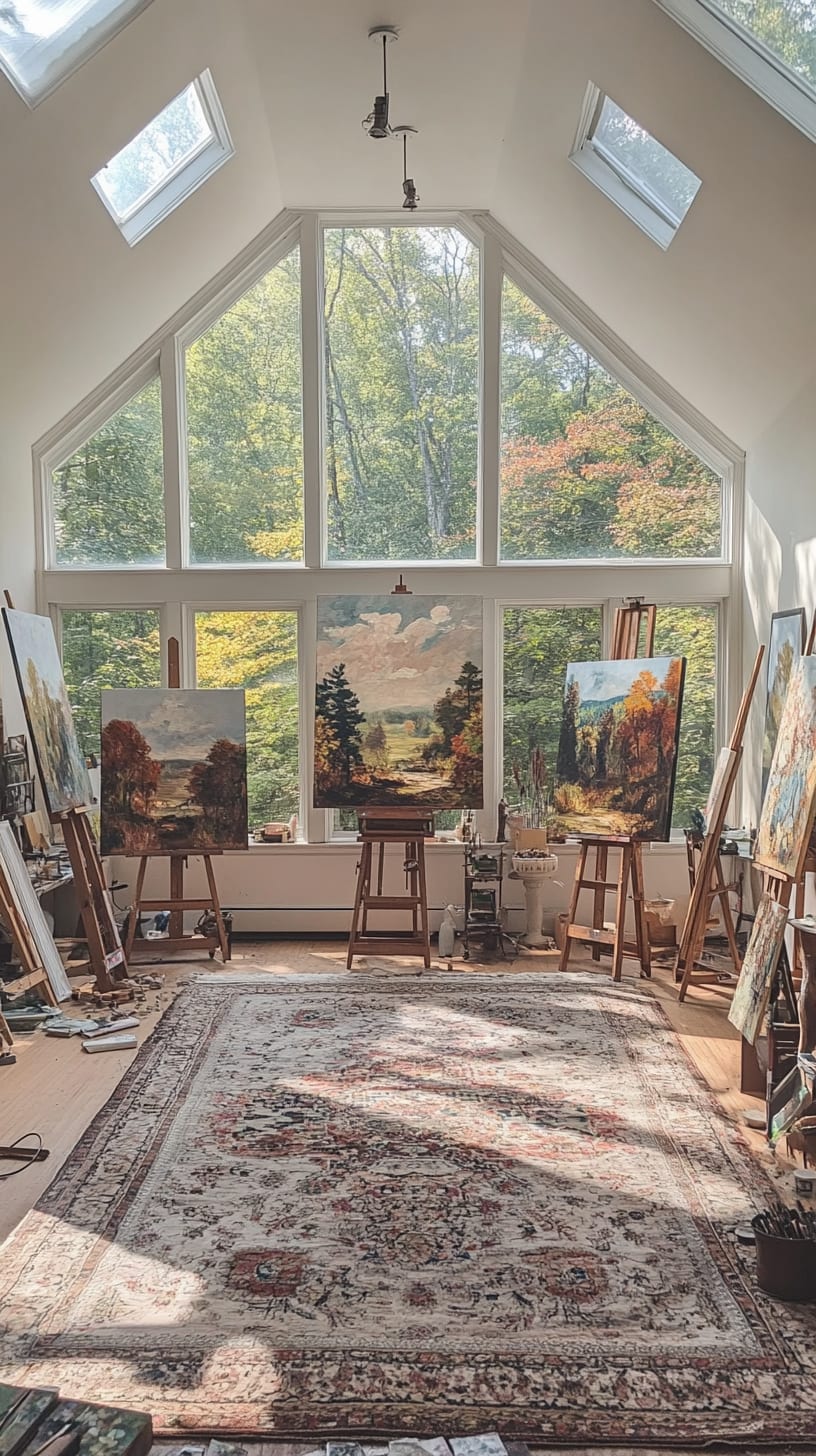 A bright art studio with high ceilings and skylights, featuring easels with autumn landscape paintings and a vintage Persian rug, creating a warm and inspiring atmosphere.