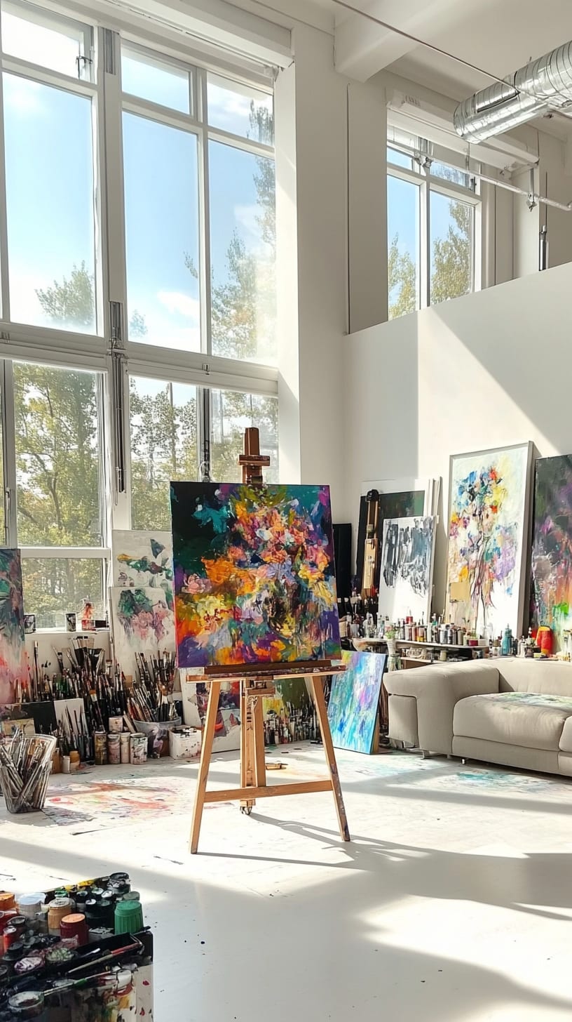 A bright art studio with large windows, colorful abstract paintings, and a cozy sofa surrounded by art supplies, illuminated by natural sunlight.
