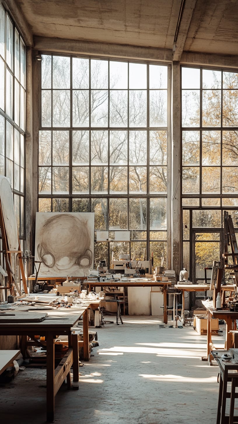 A large art studio with tall windows, filled with various painting tools and canvases, bathed in natural light, enhancing the creative atmosphere.