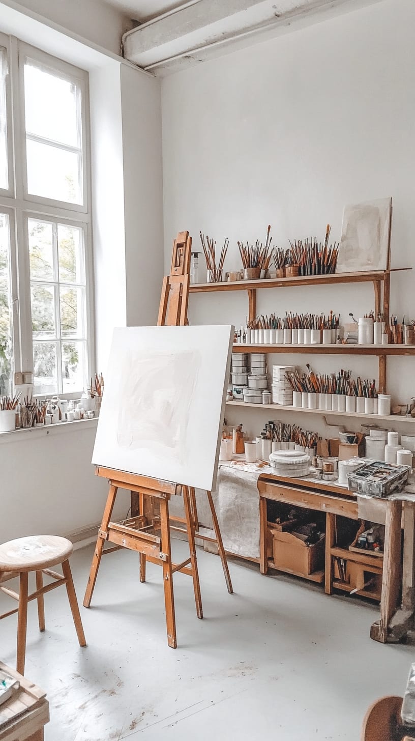 A bright, minimalist art studio featuring a white easel, shelves of paintbrushes, and sunlight streaming through large windows.
