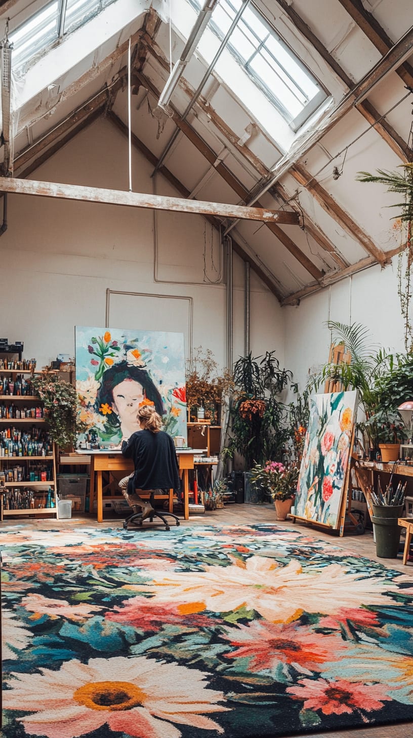A spacious art studio featuring a woman painting on an easel surrounded by colorful floral decor, plants, and artistic supplies, illuminated by natural light from high ceilings and skylights.
