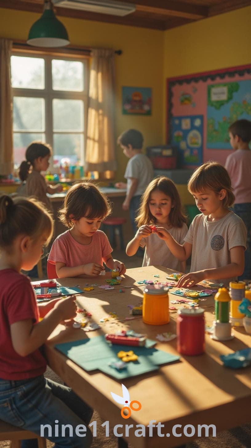 A vibrant classroom filled with children engaged in creative activities using paper and cardboard, surrounded by colorful decorations and artwork.