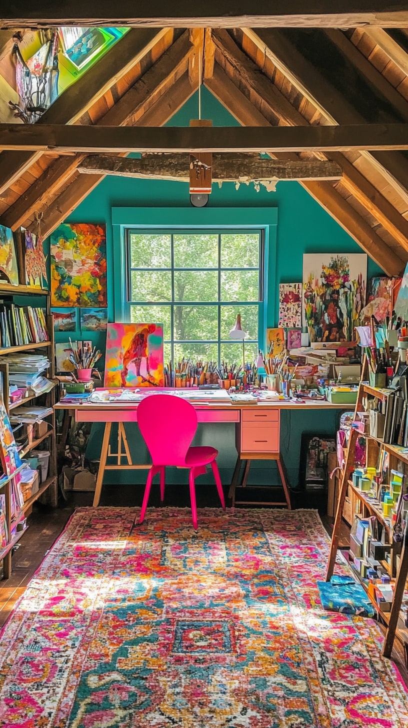 A colorful attic art studio featuring a pink desk, vibrant paintings, teal walls, and a large window overlooking nature.