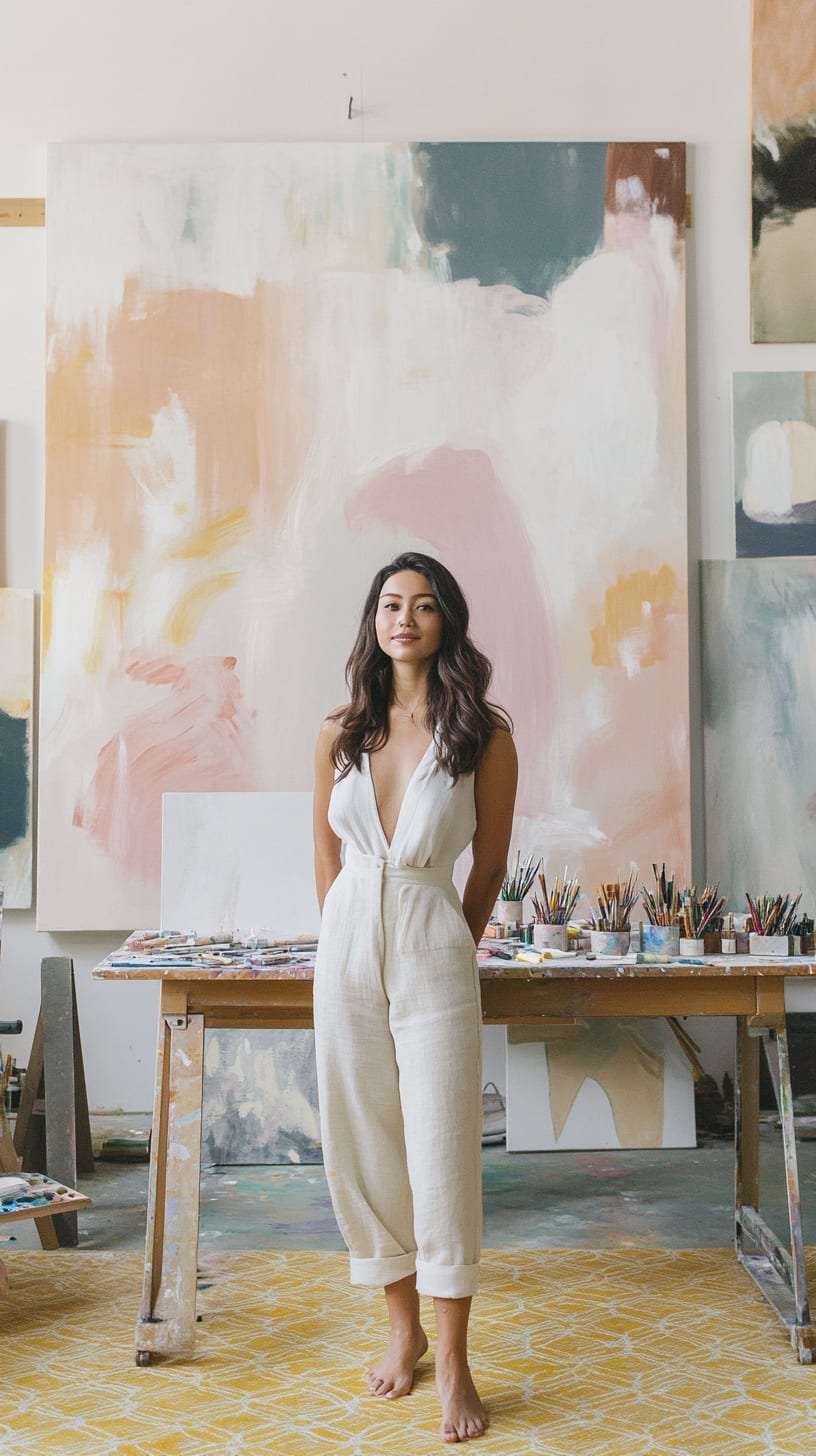 A beautiful woman wearing linen overalls stands in an art studio filled with large abstract paintings and art supplies, embodying creativity and warmth.