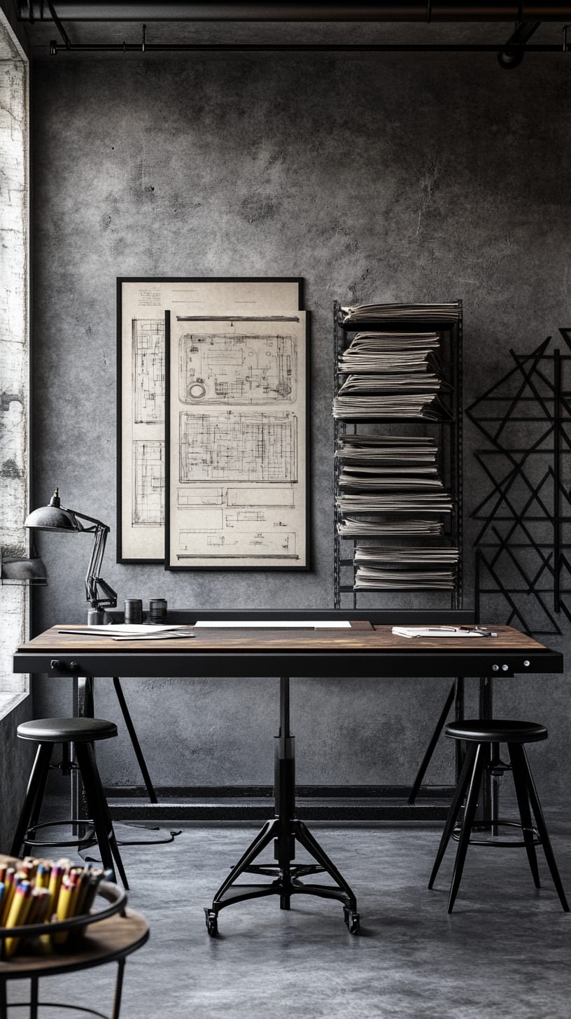 An industrial-style home office featuring metal furniture, aged wooden desk, and vintage blueprints on concrete walls, creating a sophisticated and creative workspace atmosphere.