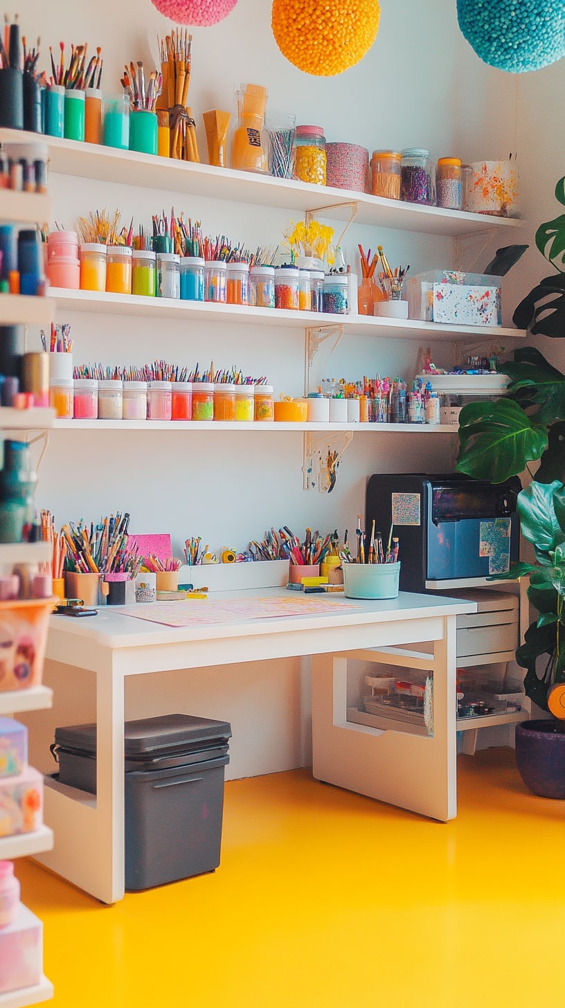 A vibrant craft room filled with colorful art supplies, featuring white shelves, a desk, and a bright yellow floor, with indoor plants in the background.