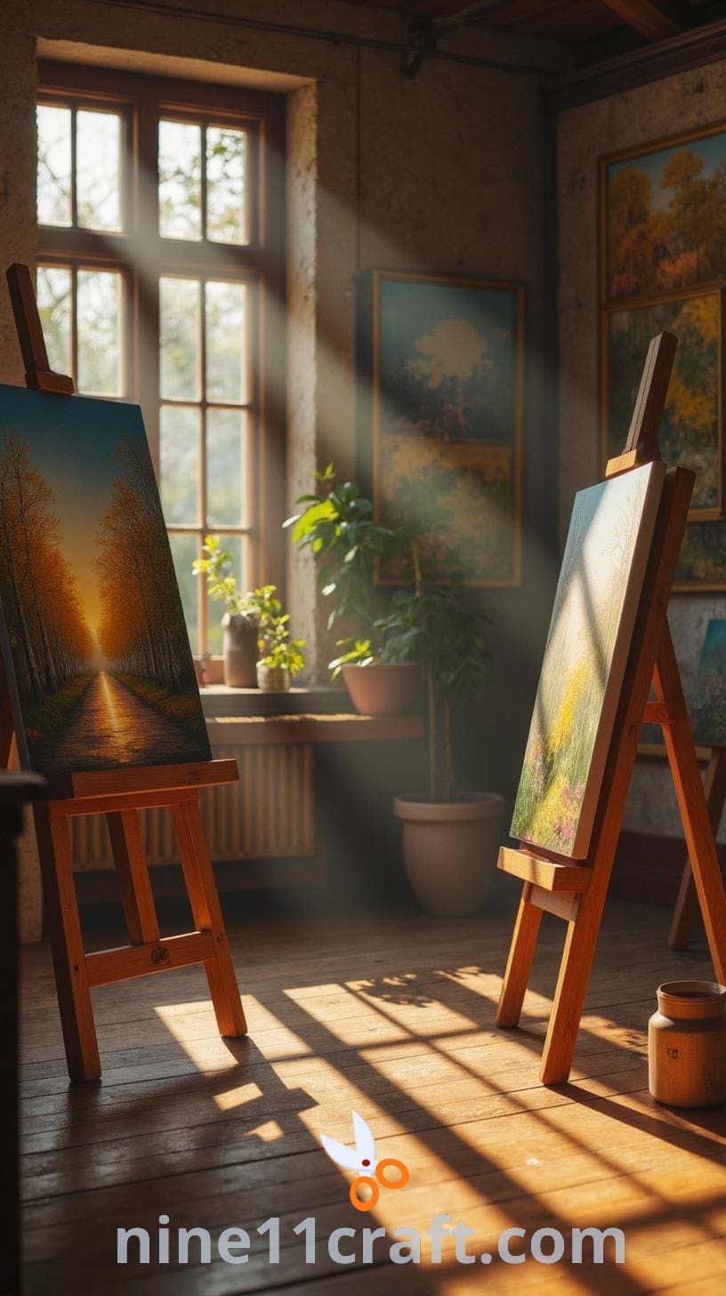 A lively art studio featuring wooden easels with artwork and colorful pieces on the walls, creating an inviting atmosphere for creativity and expression.