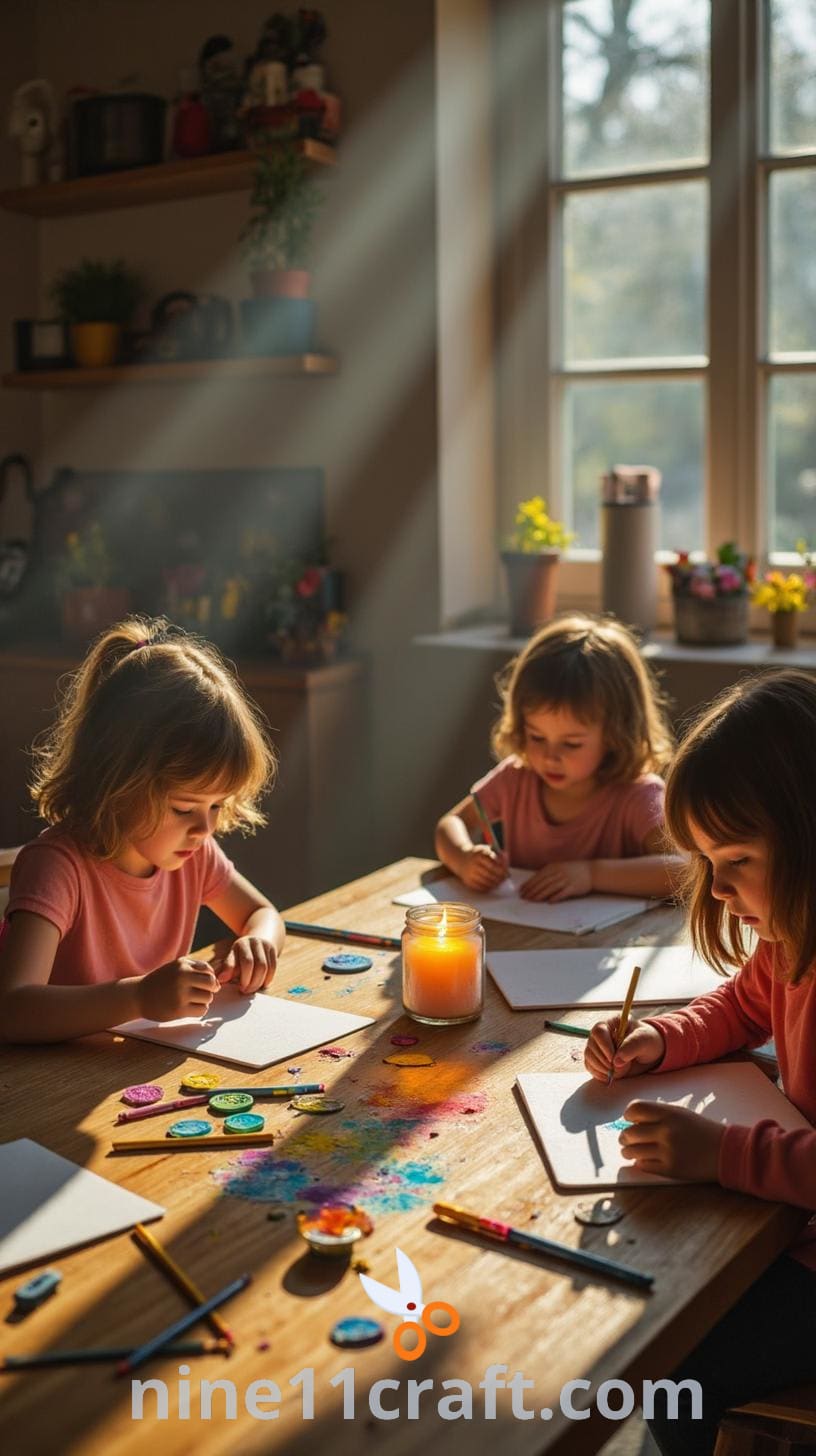 A vibrant art room with children engaged in artistic activities, surrounded by shelves of colorful art supplies and materials.