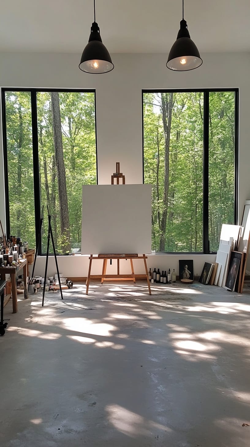 A bright modern art studio featuring large windows overlooking a forest, with an easel holding a blank canvas and art supplies scattered around.