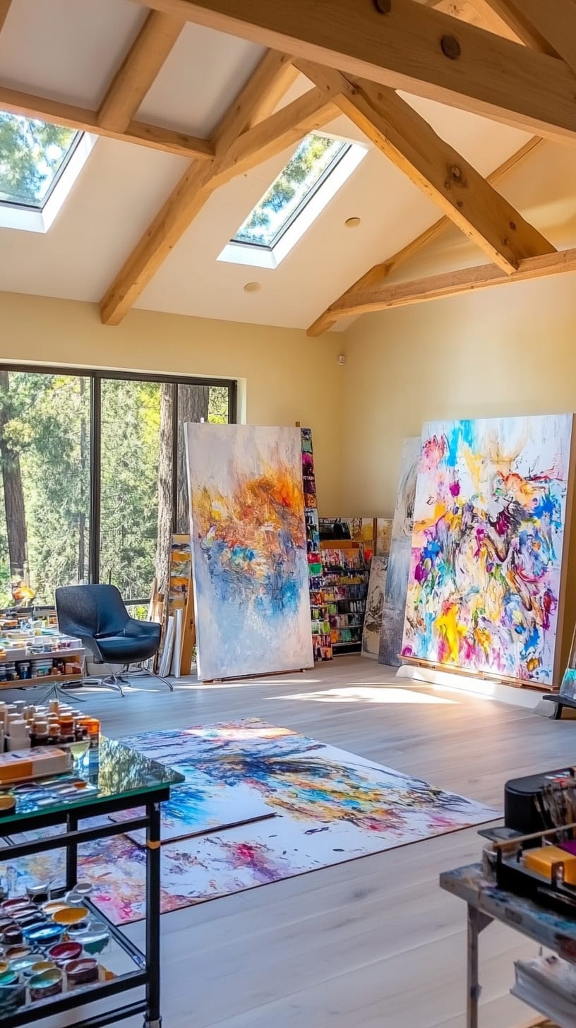 A large modern art studio in the woods featuring bright wood floors, skylights, and colorful abstract paintings, with art supplies scattered around and large windows overlooking the trees.