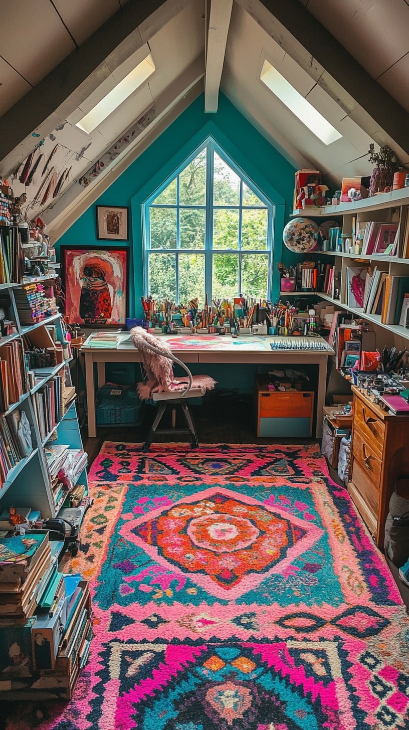 A colorful bohemian art studio in an attic featuring a large window, a desk, colorful shelves filled with books, and a vibrant patterned rug.