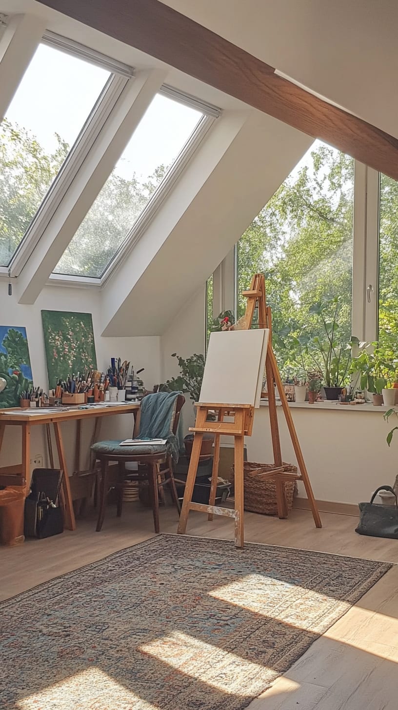 An inviting attic art studio featuring a wooden easel, a table, plants, and large windows with sunlight streaming in, creating a peaceful and creative atmosphere.