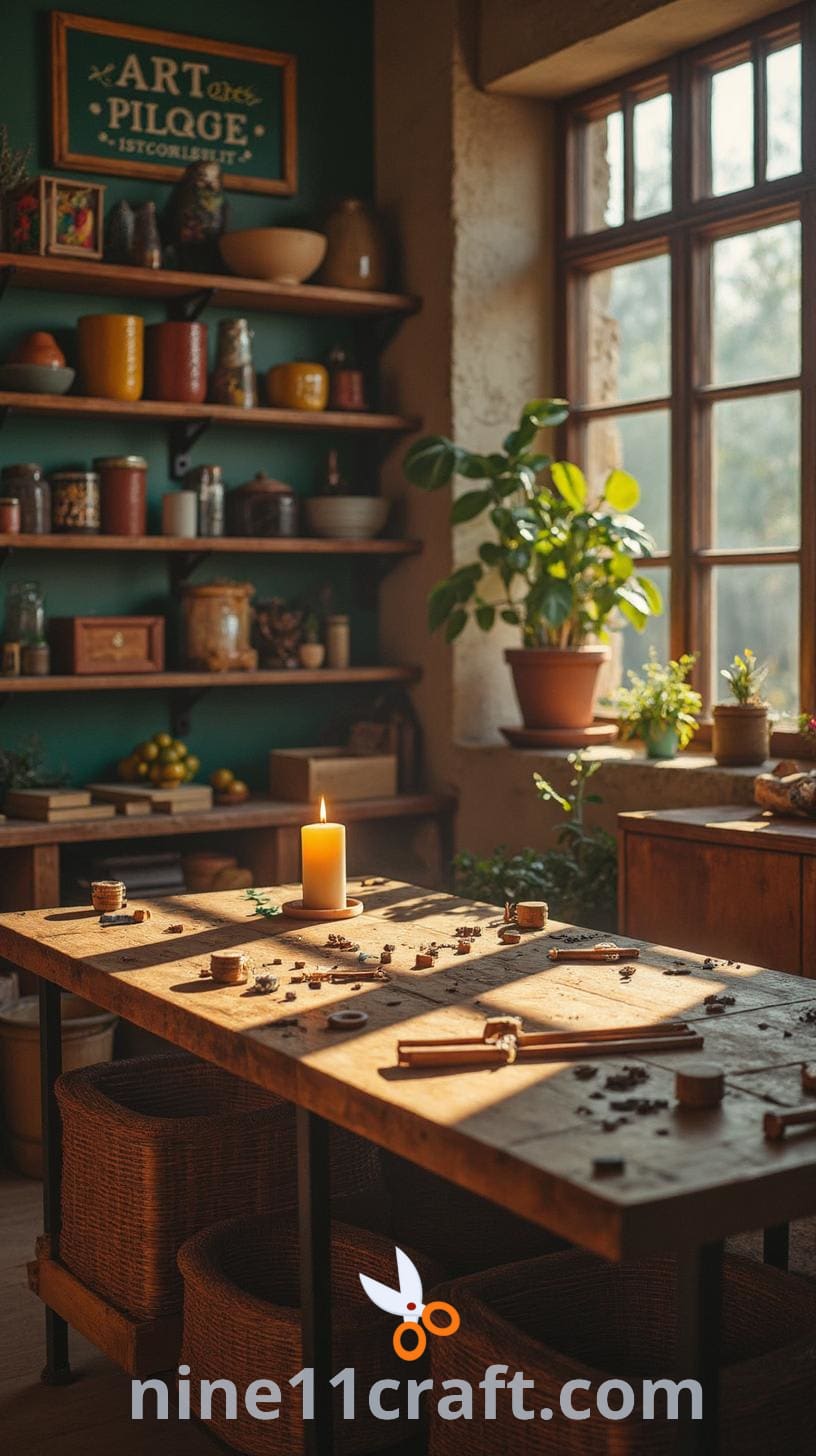 A colorful art space featuring stocked shelves of supplies, a central crafting table, and walls decorated with bright letters and chalkboard paint.