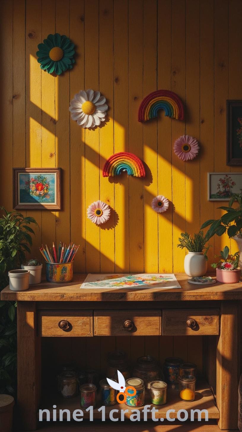A colorful and whimsical art studio filled with cheerful decorations, a variety of craft supplies on a workbench, and playful illustrations on the walls.