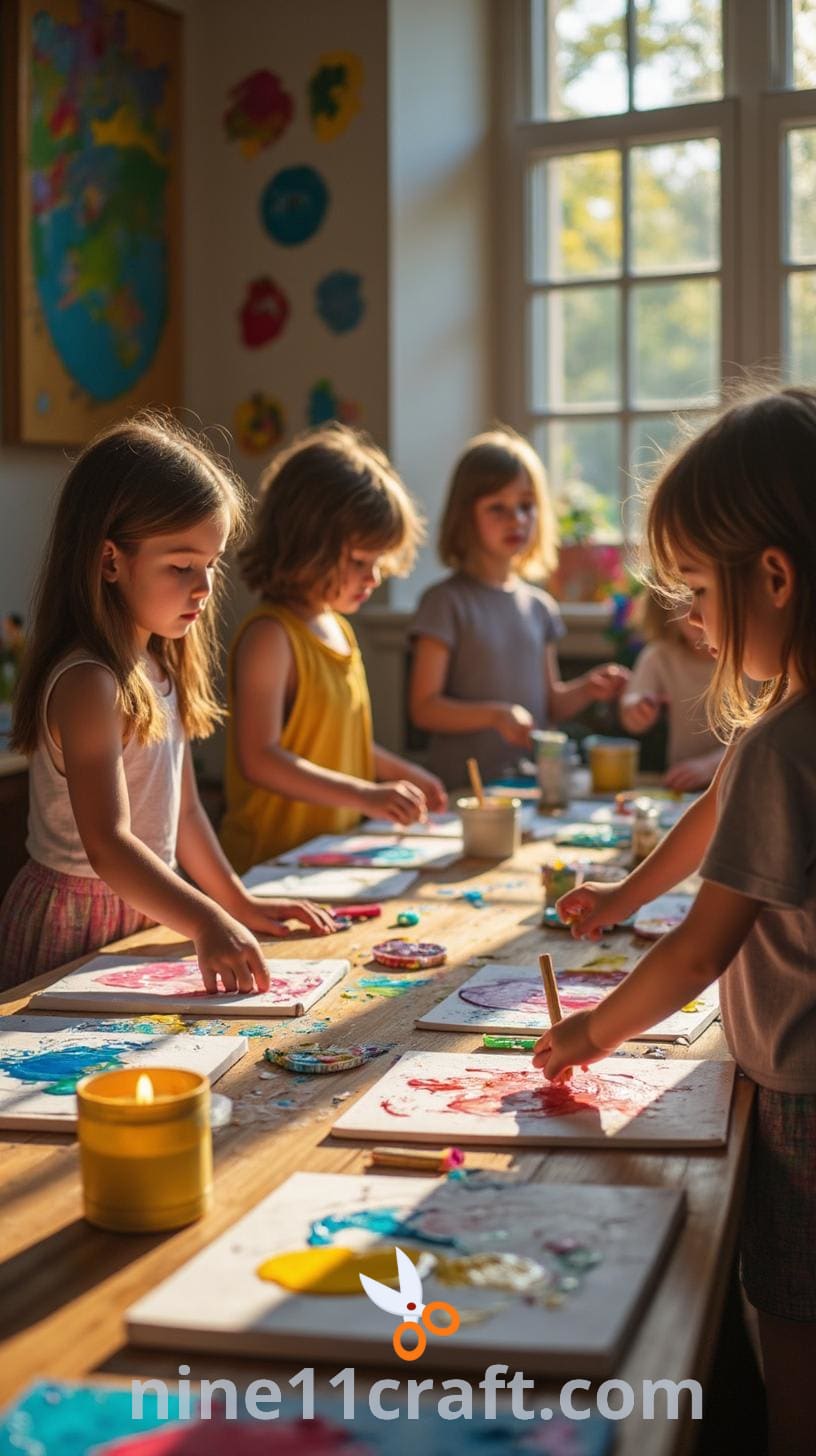 A colorful art room where children are painting on white canvases using splatter techniques, surrounded by bright paint splashes on the walls and floor, creating a playful and artistic atmosphere.