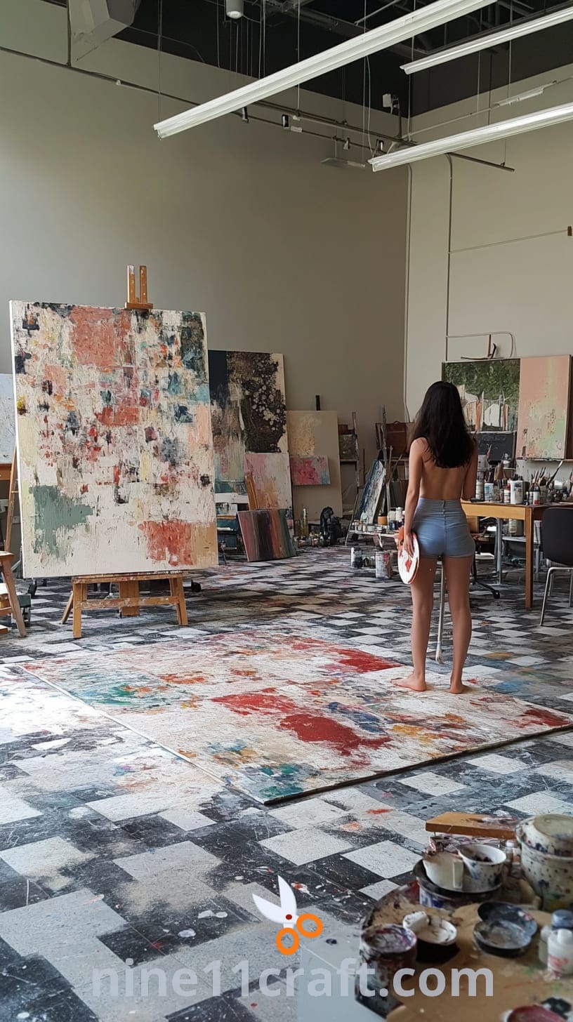 A large, modern art studio with a woman in short shorts and a tank top painting on an abstract canvas, surrounded by various art supplies and scattered canvases.