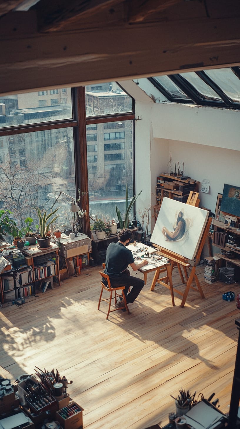 An artist sitting in a sunlit studio surrounded by large windows, painting a portrait, with plants, art supplies, and wooden flooring enhancing the cozy atmosphere.