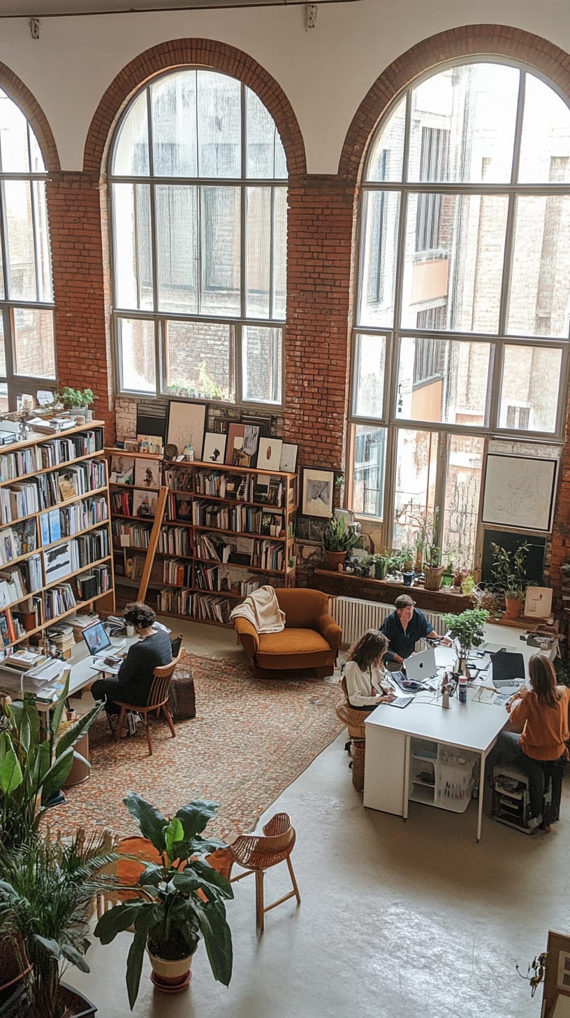 A cozy open-plan office space with large windows, plants, and vintage furniture, filled with people working and reading, creating an inviting and productive atmosphere.