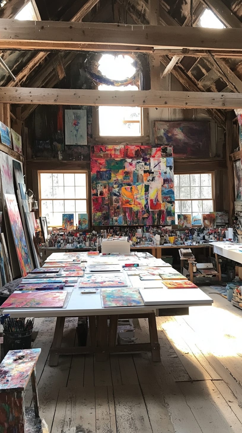 An art studio in an old barn featuring colorful abstract paintings, a table covered with vibrant papers, and sunlight streaming through skylights, creating an inspiring creative environment.