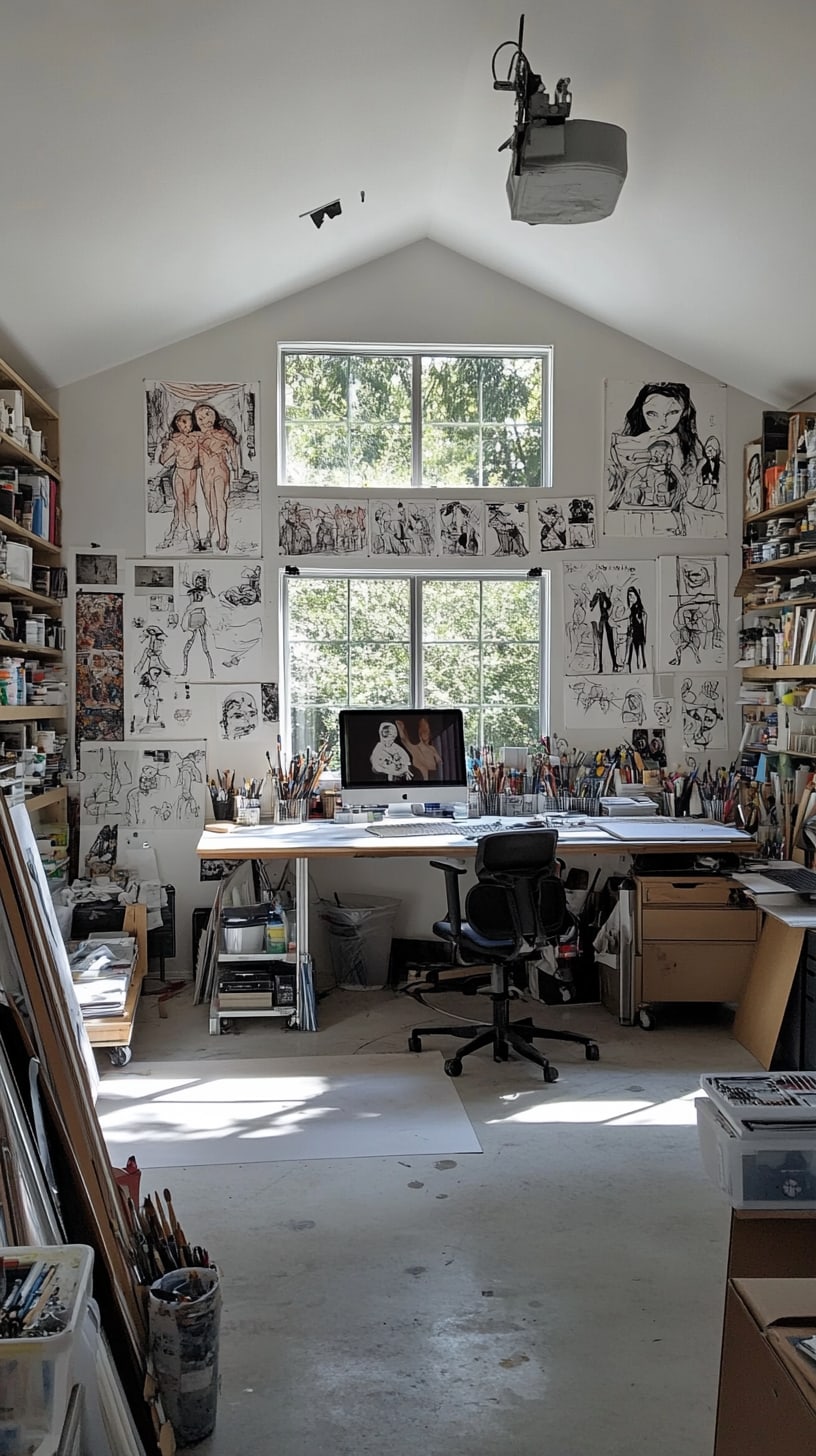 A bright art studio featuring white walls decorated with comic book character drawings, a cluttered desk with art supplies, and a window showing trees outside, all illuminated by natural light.
