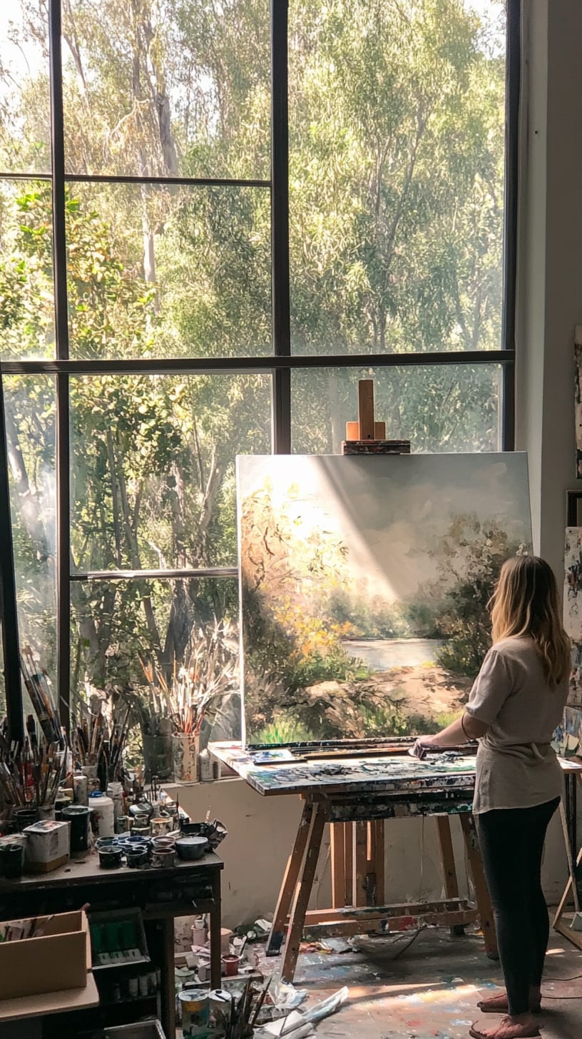 A beautiful woman painting in her studio with large windows overlooking a forest, sunlight streaming through, creating a tranquil and inspiring artistic environment.