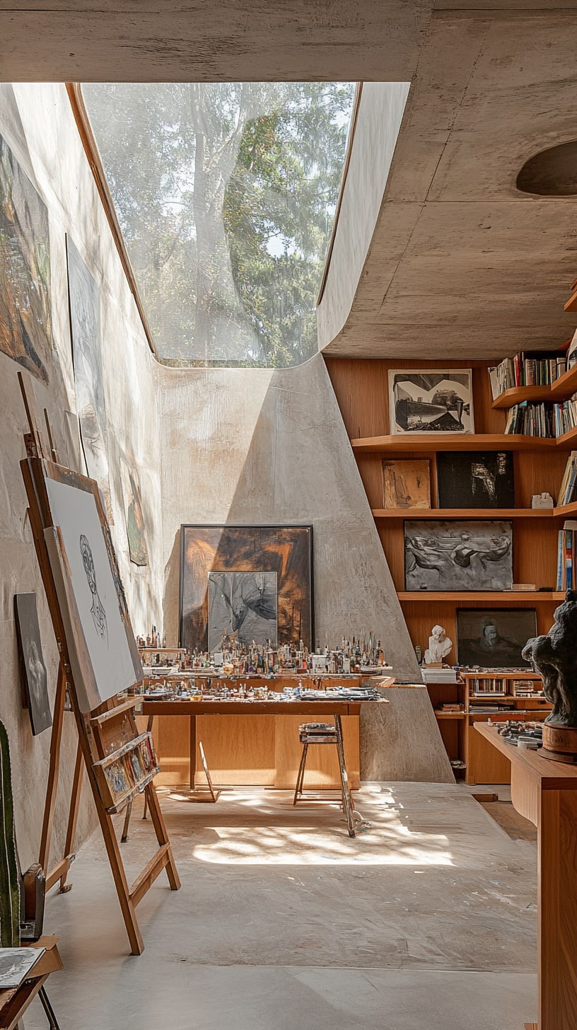 A spacious modernist artist studio featuring high ceilings, skylights, easels, art supplies, and sculptures amidst a bright and inspiring atmosphere.