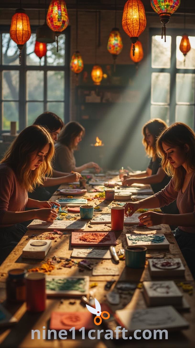 A lively art studio filled with colorful lanterns, various art supplies, and people engaged in creative activities, creating a vibrant and inviting atmosphere.