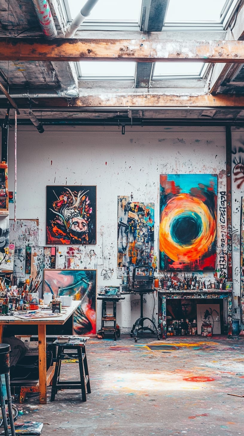 A large art studio filled with abstract paintings, colorful art supplies, and natural light streaming through skylights, creating a vibrant atmosphere of creativity and inspiration.