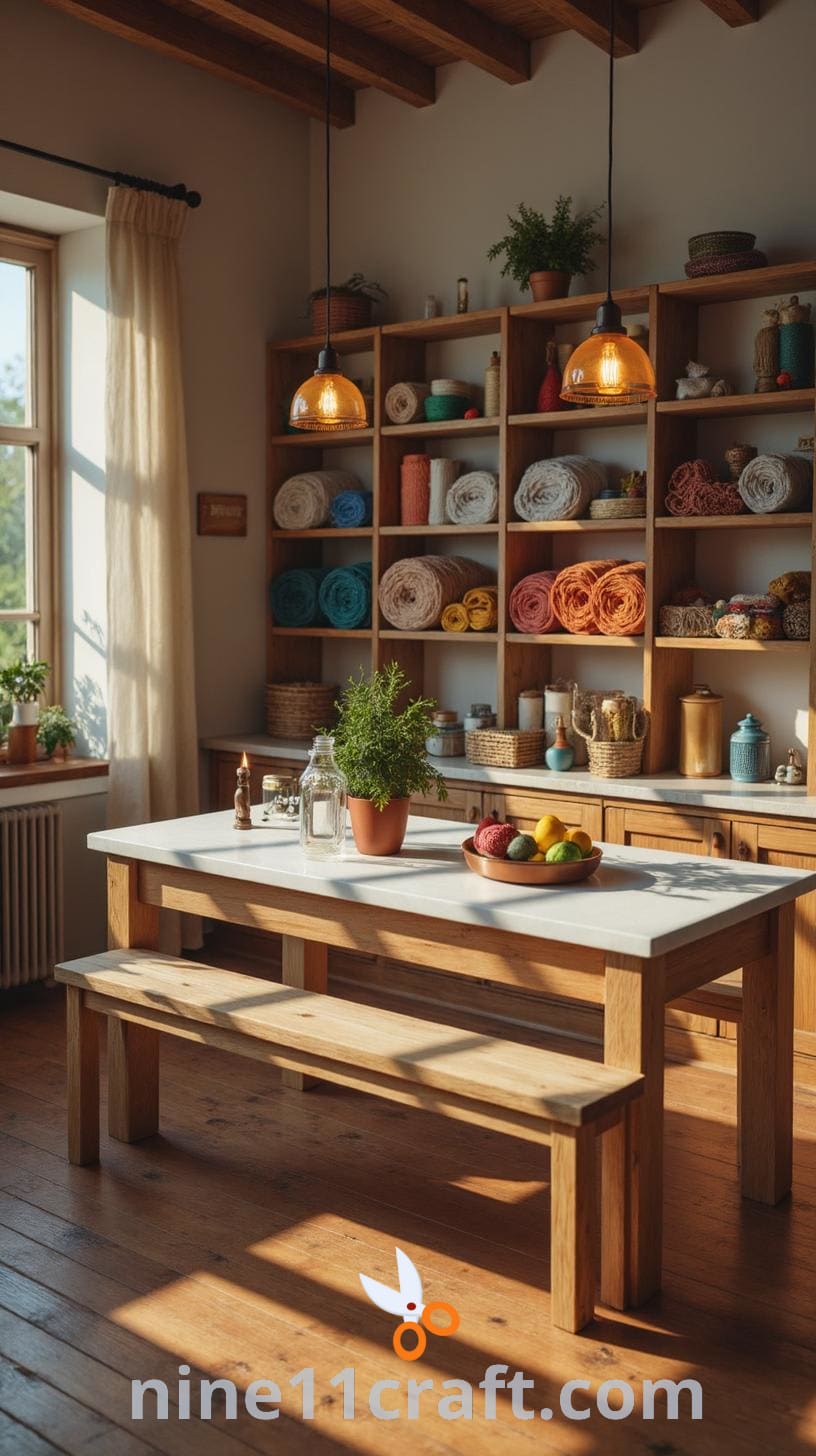 A colorful craft studio featuring a large white table, shelves filled with vibrant fabrics and threads, and bright pendant lights creating a cheerful atmosphere.