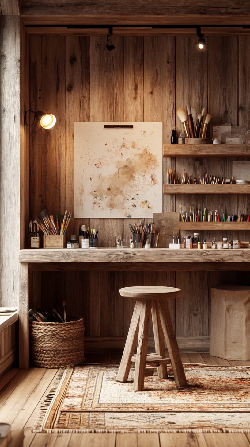 A rustic wooden art studio featuring a warm atmosphere with wooden walls, shelves filled with paintbrushes and paints, and a cozy desk and stool, ideal for artistic expression.