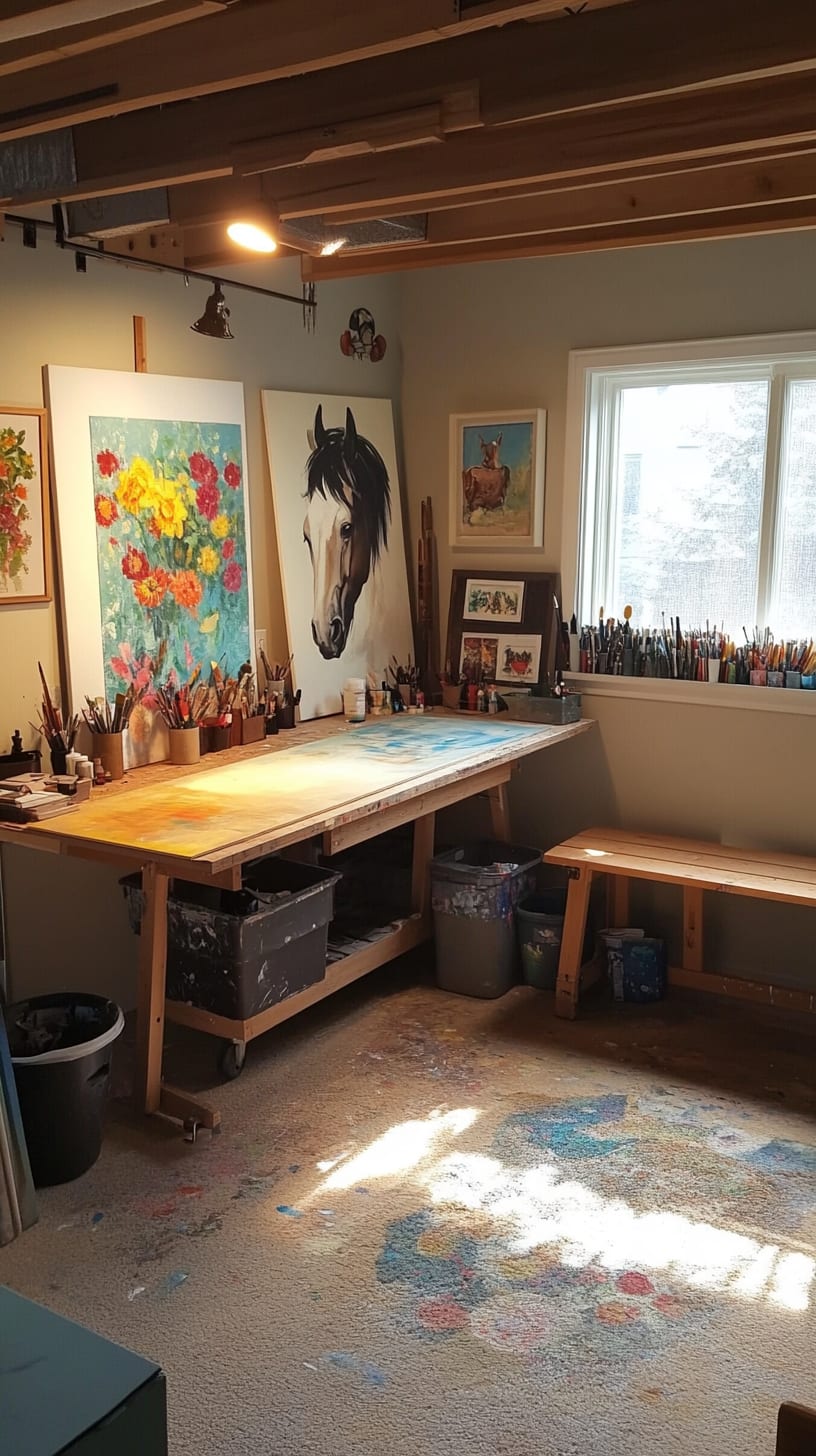 A spacious art studio with a large workbench, colorful paintbrushes, and horse paintings displayed on the walls, illuminated by natural light from the window.