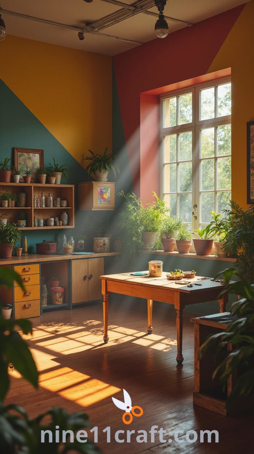 A brightly colored classroom or art studio featuring bold geometric wall designs, scattered art supplies, a central table, plants, and storage units, creating a creative and inviting atmosphere for artistic activities.