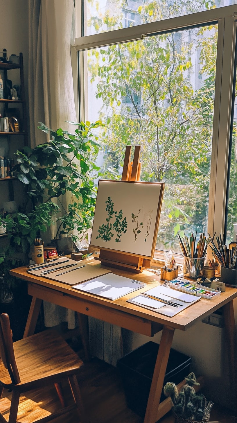 A cozy home studio featuring large windows with sunlight streaming in, an easel holding watercolor paintings of plants, and a wooden desk surrounded by art supplies and greenery.