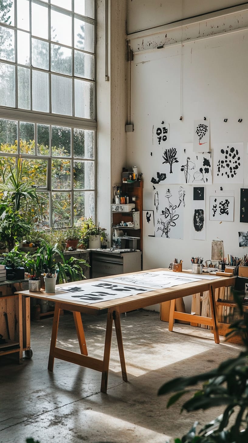 An art studio with a large wooden table, surrounded by plants and black ink drawings on white walls, filled with natural light from large windows.