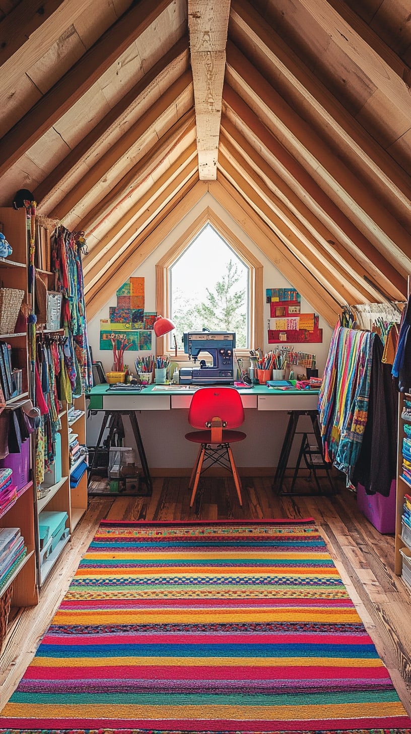 An inviting attic studio with a colorful striped rug, sewing machine, and craft supplies, illuminated by natural light from a large window, featuring wooden beams and shelves filled with fabric.