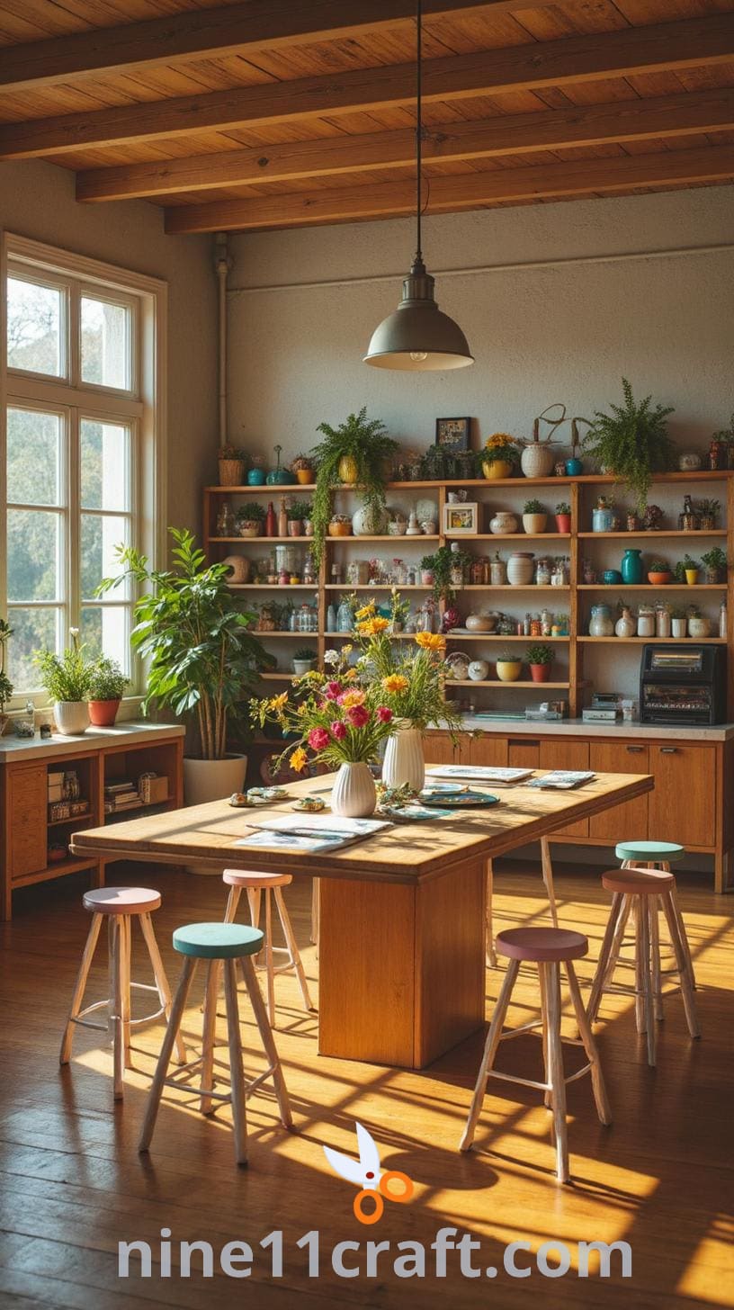 A bright and creatively decorated craft room featuring light-colored walls, wooden beams, colorful shelves filled with art supplies, and white pastel stools around a spacious table.
