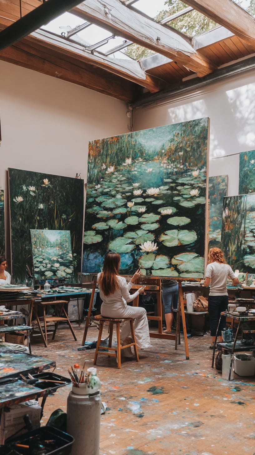 A vibrant art studio with artists painting water lilies in bright natural light, surrounded by colorful paint supplies and easels.