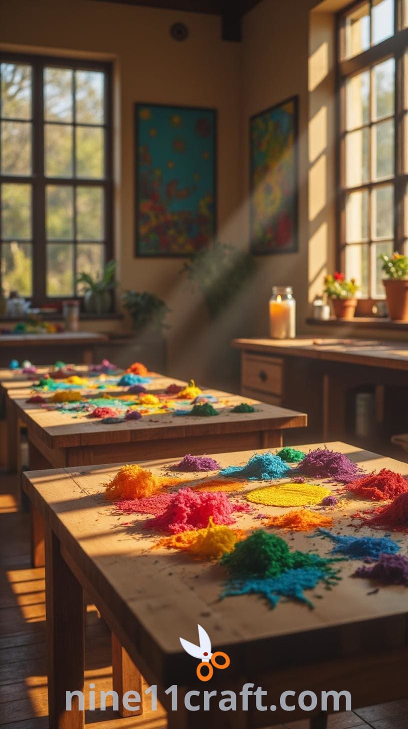 An arts and crafts room with multiple tables for activities, colorful artwork on the walls, and large windows allowing natural light to brighten the space.