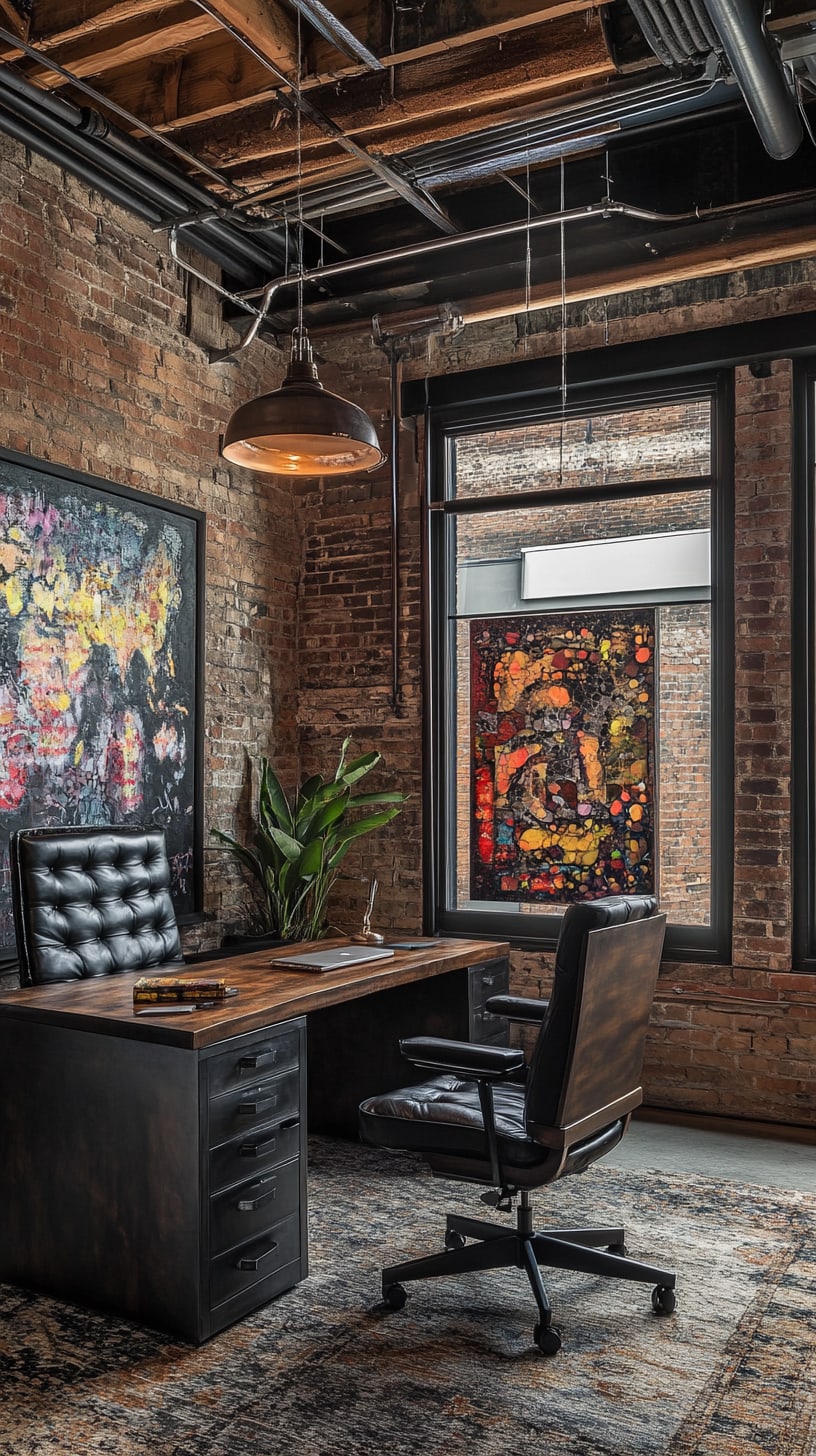 A beautifully designed industrial office featuring brick walls, large glass windows, a dark wood desk, and colorful abstract art on the walls.